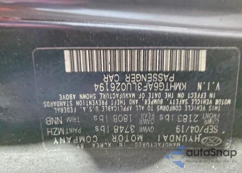 2020 Hyundai Veloster Base z USA, uszkodzony, nr VIN KMHTG6AF3LU026194